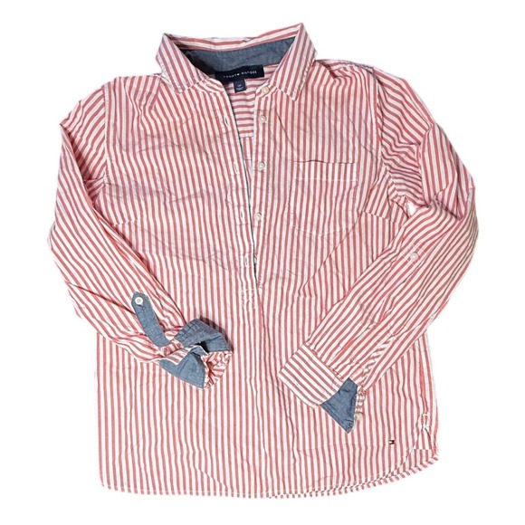 Tommy Hilfiger Striped Button Down Shirt Womens Small Pink White Roll Tab - Picture 1 of 3